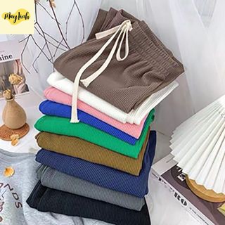 Quần ống rộng nữ vải tăm gân mỏng dáng suông co giãn cạp chun lưng cao tôn dáng- maylinhshop