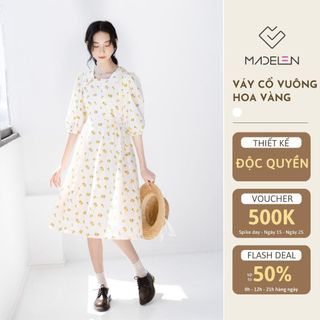 Váy cổ vuông floral hoa vàng mùa thu vải linen MADELEN