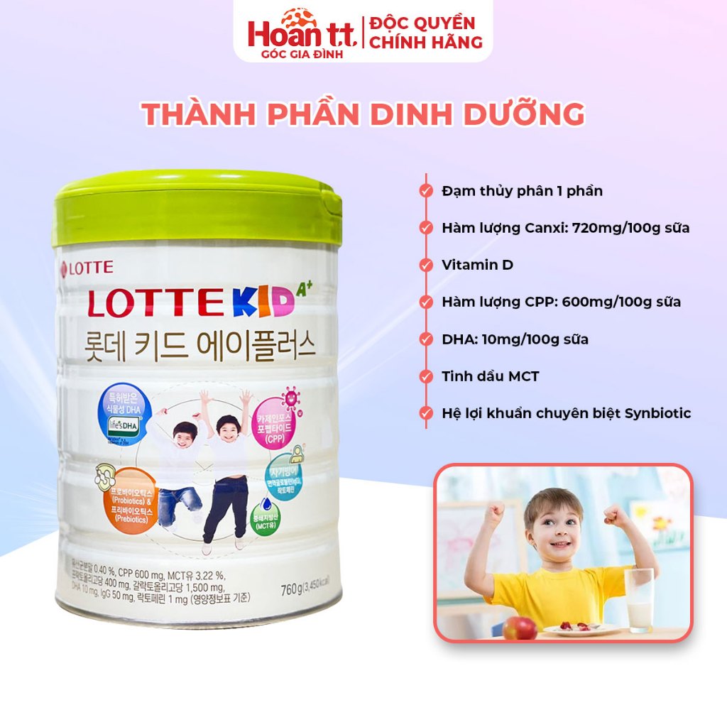 Sữa Bò Lotte Kid A+ Giúp Phát Triển Chiều Cao Lon 760g - Sữa Bột Bổ Sung Canxi Giúp Ổn Định Hệ Tiêu Hóa Của Bé