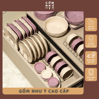 Bộ bát đĩa sứ mix màu hồng tím kem 2024 - Bộ chén đĩa sứ cao cấp, decor Như Ý