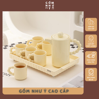 Bộ bình trà sứ cao cấp + 6 cốc + khay, màu vàng kem - Decor phòng khách sang trọng