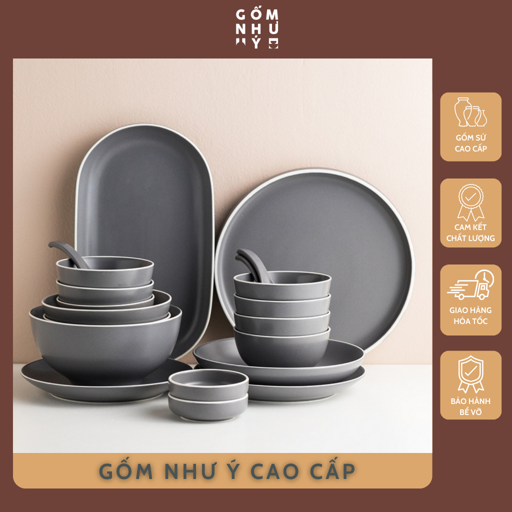 Bán lẻ bộ bát đĩa gốm sứ men mờ đen lì phong cách Bắc Âu cao cấp, sứ dày dặn, chịu nhiệt, dễ tẩy rửa
