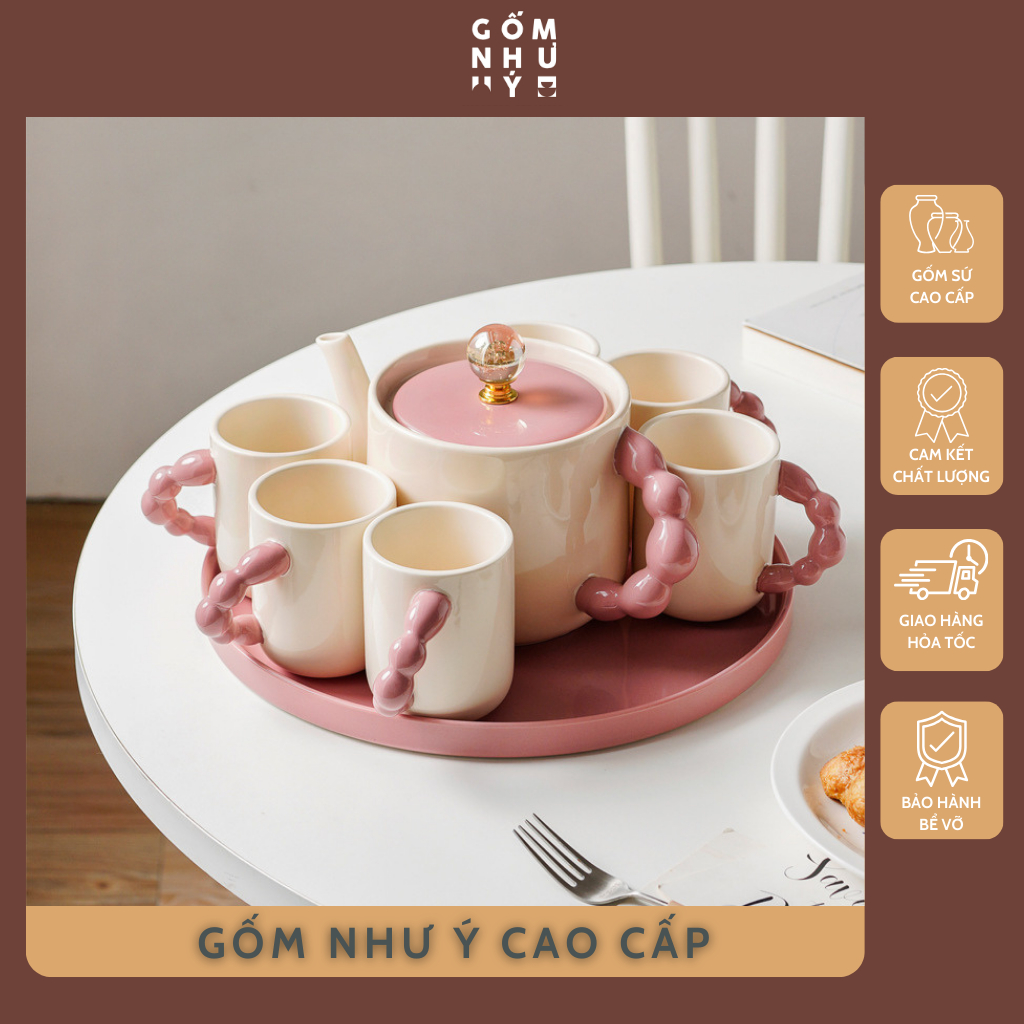 Bộ ấm trà sứ Pearl cao cấp + 6 cốc sứ + khay sứ - Bộ bình trà sứ decor phòng khách