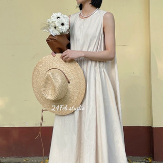 Váy maxi nữ sát nách nhún eo dáng xuông dài phong cách vintage 24Febstudio VN49