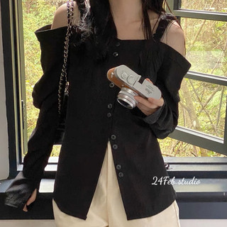 Áo sơ mi thô lụa trễ vai phong cách vintage Hàn Quốc