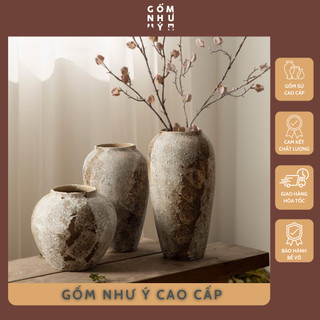 Bình gốm cắm hoa Retro men loang nâu đất sét cổ điển decor phòng khách, nhà hàng, khách sạn.