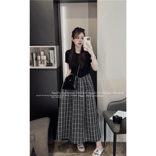 Váy đen cộc tay phối kẻ chuẩn ảnh thật