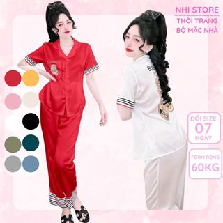 Đồ bộ mặc nhà piazama nhistore lụa satin in gấu quần dài tay ngắn phối sọc size 45-60kg