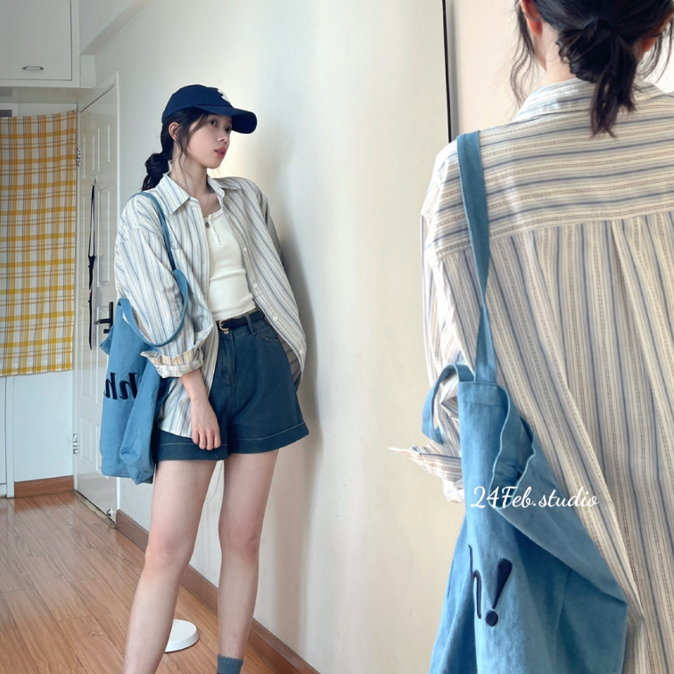 Áo sơ mi nữ dài tay kẻ sọc form rộng phong cách ulzzang Hàn Quốc 24Feb Studio AK39 | BigBuy360 - bigbuy360.vn