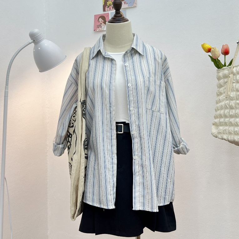 Áo sơ mi nữ dài tay kẻ sọc form rộng phong cách ulzzang Hàn Quốc 24Feb Studio AK39 | BigBuy360 - bigbuy360.vn