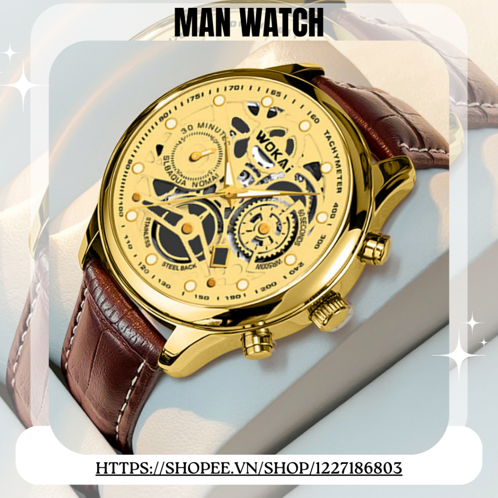 Đồng hồ da nam lộ cơ mặt mạ vàng thời trang lịch lãm, cá tính W00