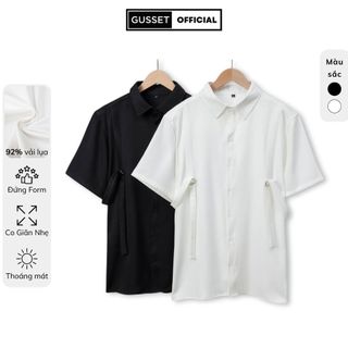 Áo Sơ Mi Nam Ngắn Tay GUSSET Thiết Kế Mix Dây Khuy Luồn Chất Vải Lụa Chéo Hàn Mềm Mại From Rộng