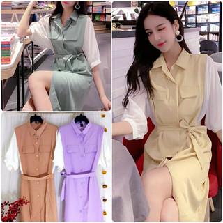Đầm Suông Cổ Sơ Mi Phối Màu