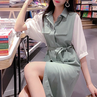 Đầm Suông Cổ Sơ Mi Phối Màu