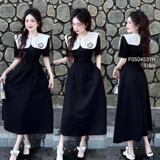 Đầm xòe đen tay phồng cổ phối bèo vuông sang trọng VIENS STORE