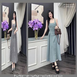 Đầm Jean Hai Dây Bản To Thiết Kế Dáng Dài Xòe Nhẹ Sang Trọng Lịch Sự 2 Tone Màu Xanh - Xám Tôn Da Đi Làm Đi Chơi Đều Hợp