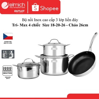 BỘ 3 NỒI và 1 CHẢO INOX 3 LỚP LIỀN ĐÁY ELMICH TRI-MAX EL-3742 (Nồi 18, 20, 26cm & Chảo 26cm)
