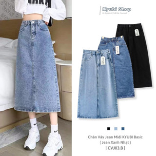Chân váy dài Midi Jean Kyubi lưng cao dáng chữ A  cài lưng độc đáo [Nhiều Mẫu] - Váy Bò dài Cạp cao Ulzzang Ky ubi CVJ03