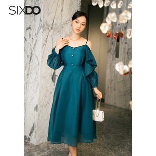 Đầm tơ organza xanh trễ vai SIXDO
