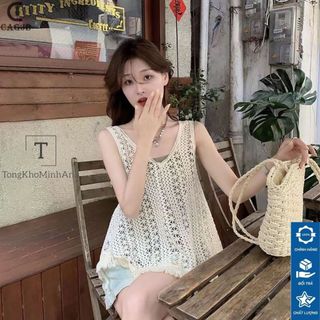 Áo lưới cổ v, áo sát nách dệt kim móc đan viền tua rua phối áo 2 dây thoáng mát năng động hàng qccc tongkhominhanh
