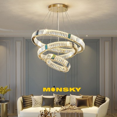 Đèn thả MONSKY KOMAN bản pha lê dày 7cm 3 khối vòng tròn kèm bóng LED 3 màu ánh sáng và khiển