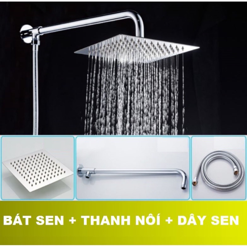 Đủ bộ bát sen VUÔNG tắm đứng kèm dây nối bằng Inox tiện lợi gồm bát sen cần treo bát và dây sen