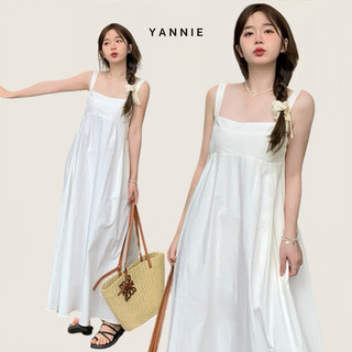 Váy đầm babydoll hai dây maxi trắng dáng dài chun lưng không tay dáng rộng mùa hè đi biển Yannie