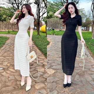 Đầm nữ cổ bẻ polo len xốp body dài bận siêu hack dáng, sang chảnh