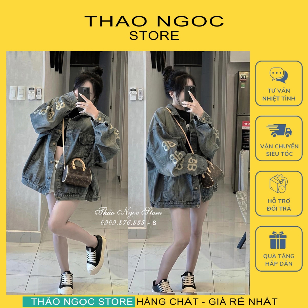 Áo khoác jean tay dài form rộng in chữ BB, Áo khoác bò nữ phối tay viền sọc kẻ! (có sẵn, hình thật) THẢO NGỌC STORE