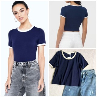 [HÀNG MỸ] Áo croptop FOREVER 21 thun cotton cổ tròn tay ngắn xanh dương navy viền trắng basic