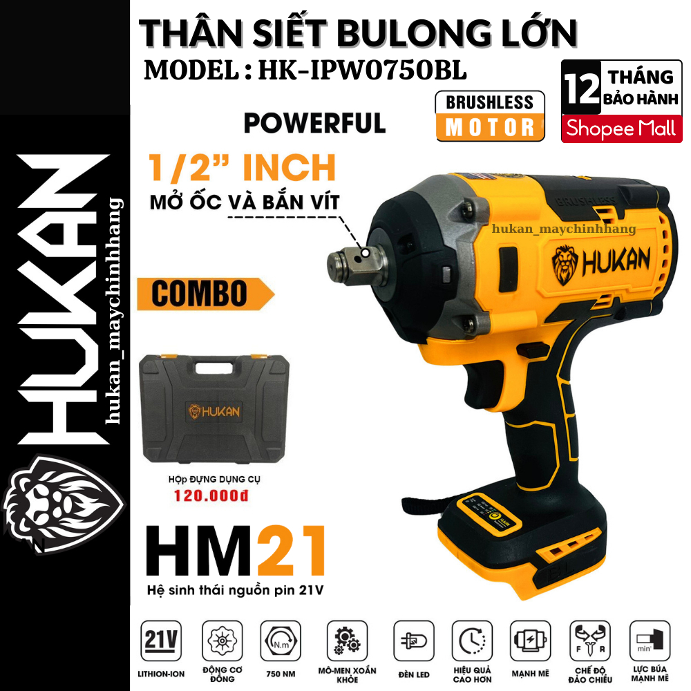 Thân Máy Siết Bulong HUKAN HK-IPW750BL Không Chổi Than Lực Siết Khủng 750n.m Bảo Hành Chính Hãng