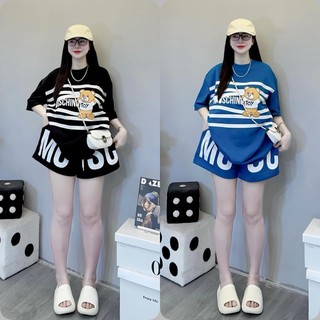 Set bộ đùi hottrend 2024, set áo tăm lạnh tay ngắn cổ tròn họa tiết gấu MÔNCHINO phối quần đùi 3 màu siêu cưng