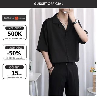 Áo Sơ Mi Cổ Vest Nam Nữ GUSSET, Sơ Mi Đen Nam Vải Lụa Chéo Hàn Quốc Dáng Suông Dễ Phối Đồ Streetstyle