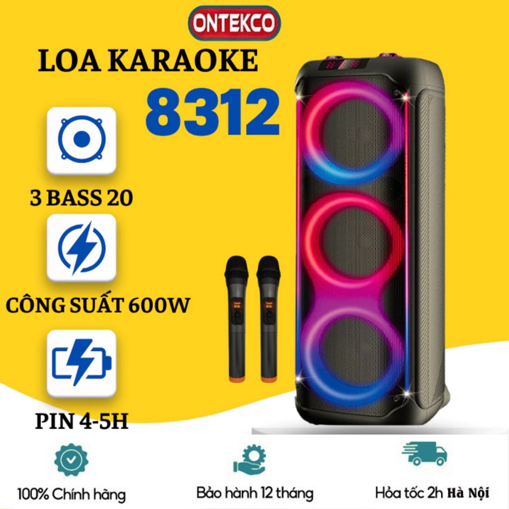 Bộ loa kéo ONTEKCO bluetooth Partybox 8312 bass 20, tay mic đi kèm tần số UHF, đèn led RGB, hát karaoke chống hú cực hay