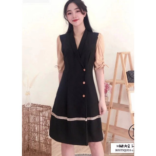 Đầm Cổ Vest Phối Voan Tay Rút