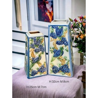 Bình cắm hoa men giả cổ dáng vuông họa tiết nổi Bát Tràng, bình cắm hoa tứ giác decor nhà cửa