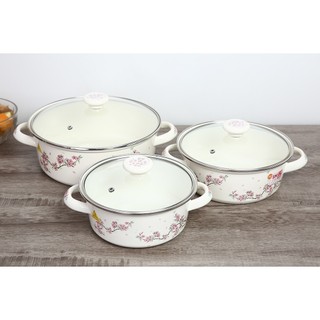Bộ 3 nồi tráng men chống dính Nhật Bản cao cấp bếp từ  Fujihoro ( hoa văn Hà Lan )