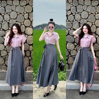 Bigsize Set Áo sơ mi kèm chân váy xám dáng dài cột eo 55-95kg