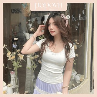  Áo thun form ôm baby tee coquette cổ tròn viền ren phối nơ ren thời trang Hàn Quốc 