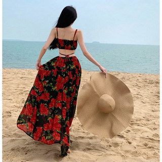 Váy hoa đỏ maxi hè