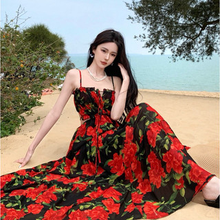 Váy hoa đỏ maxi hè