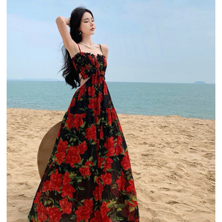 Váy hoa đỏ maxi hè