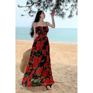 Váy hoa đỏ maxi hè