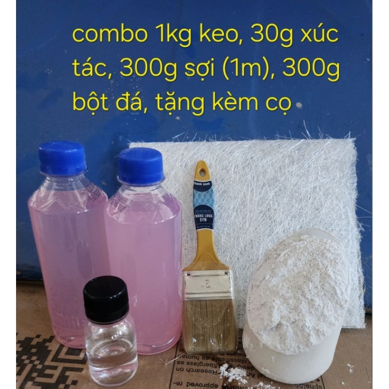 Keo Composite , combo đầy đủ gồm 1kg keo, xúc tác vừa đủ, sợi 300g (1m), bột đá 300g, tặng cọ quét