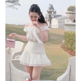 [New] Váy Thiết kế trễ vai 2 lớp chân váy xoè kèm Quần, Đầm tơ xốp gắn nơ xinh quyến rũ LanuShop