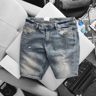  Quần jean ngắn nam xanh rêu vẩy sơn slim fit gọn dáng co giãn ngang gối 