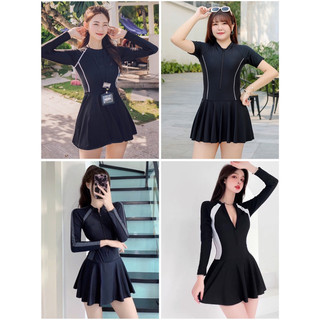 Bikini đi biển kín đáo 1 mảnh liền váy CÓ MÚT- Đồ bơi nữ tay dài liền mảnh quần SHORT bên trong - shopnabi TD1MLV_DKTS