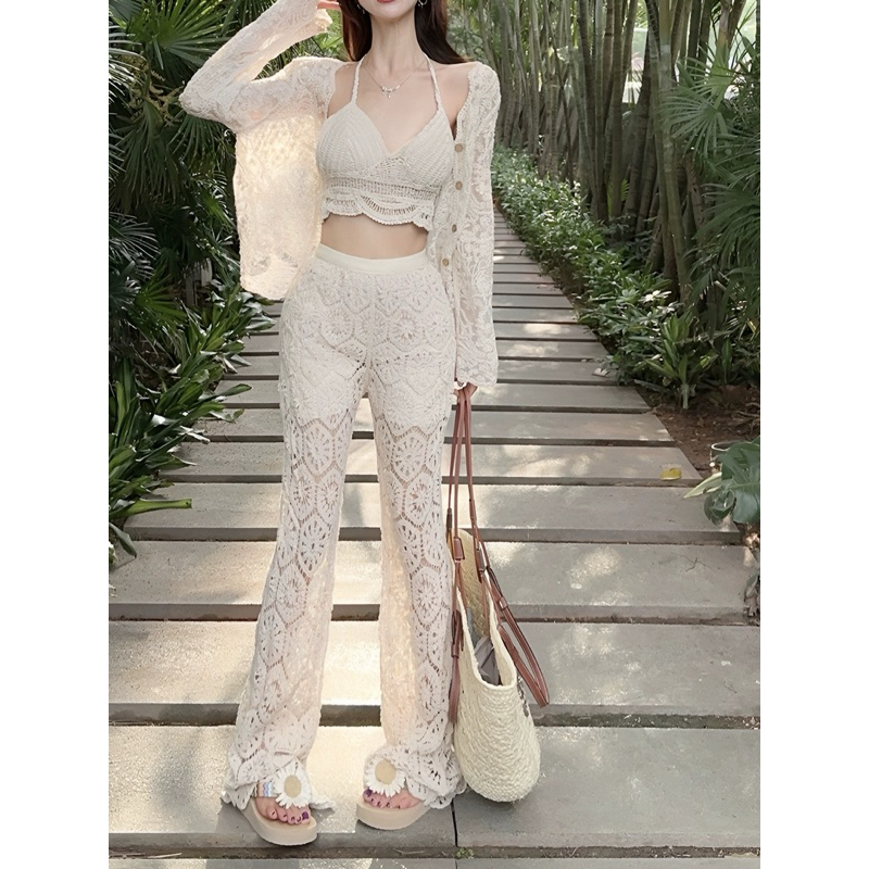 Set áo ren sợi móc 3 món bra lượn sóng mix quần loe và khoác khuy mỏng