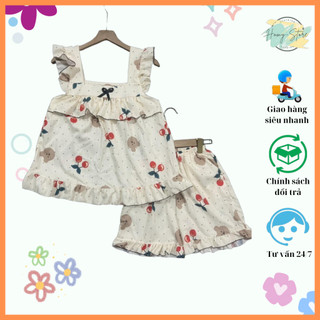 Đồ bộ nữ, đồ bộ hai dây, thiết kế bèo nhún phối nơ, hoạ tiết dễ thương