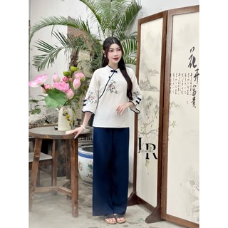 Pháp phục lễ chùa đồ lam đi chùa bộ đồ đi lễ cho nữ thêu Hoa 3 chi tiết cổ tàu khuy tết mặc đi chùa hành lễ